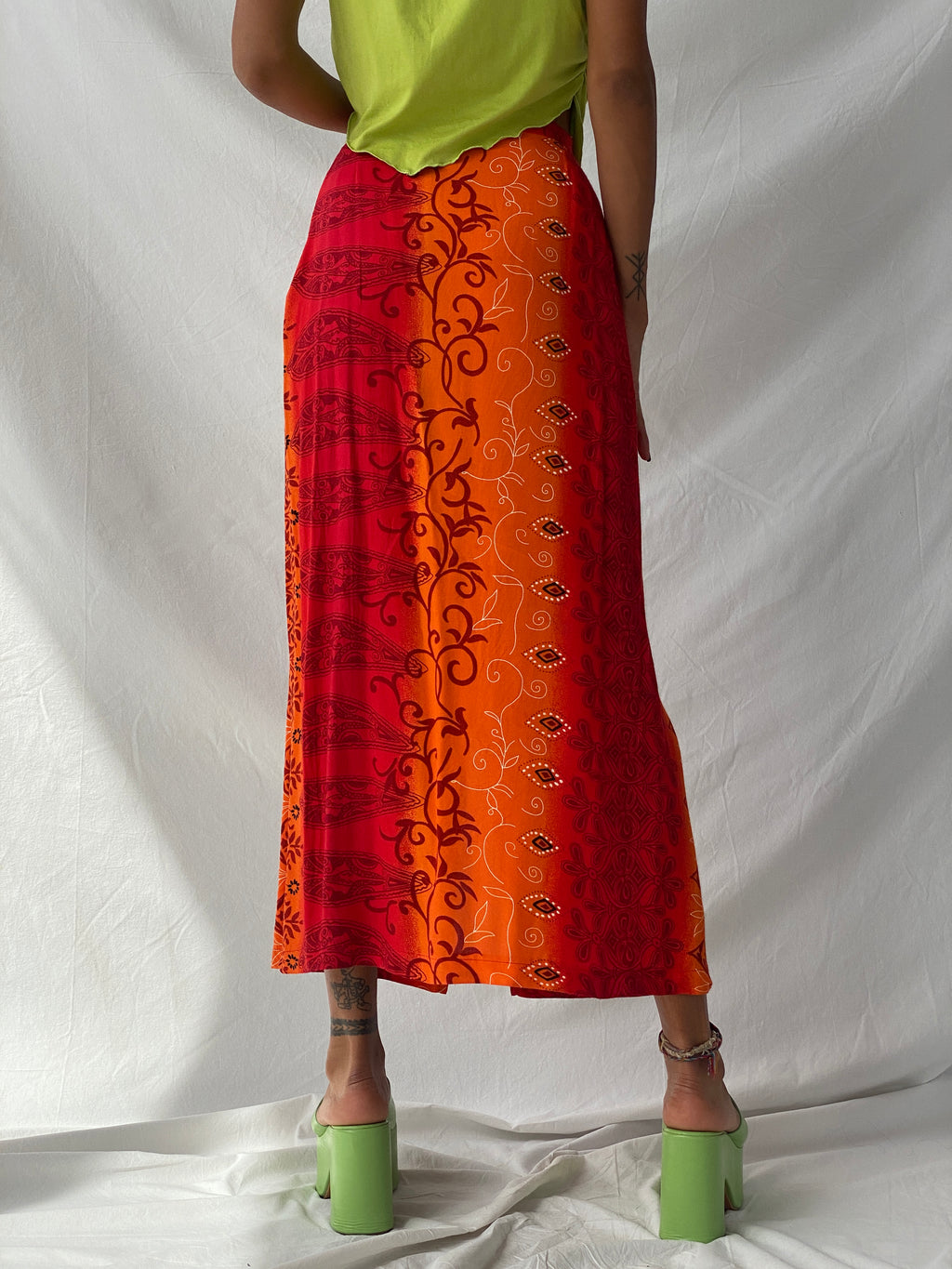 Y2K Wrap Maxi Red & Orange Floral Print Skirt - S