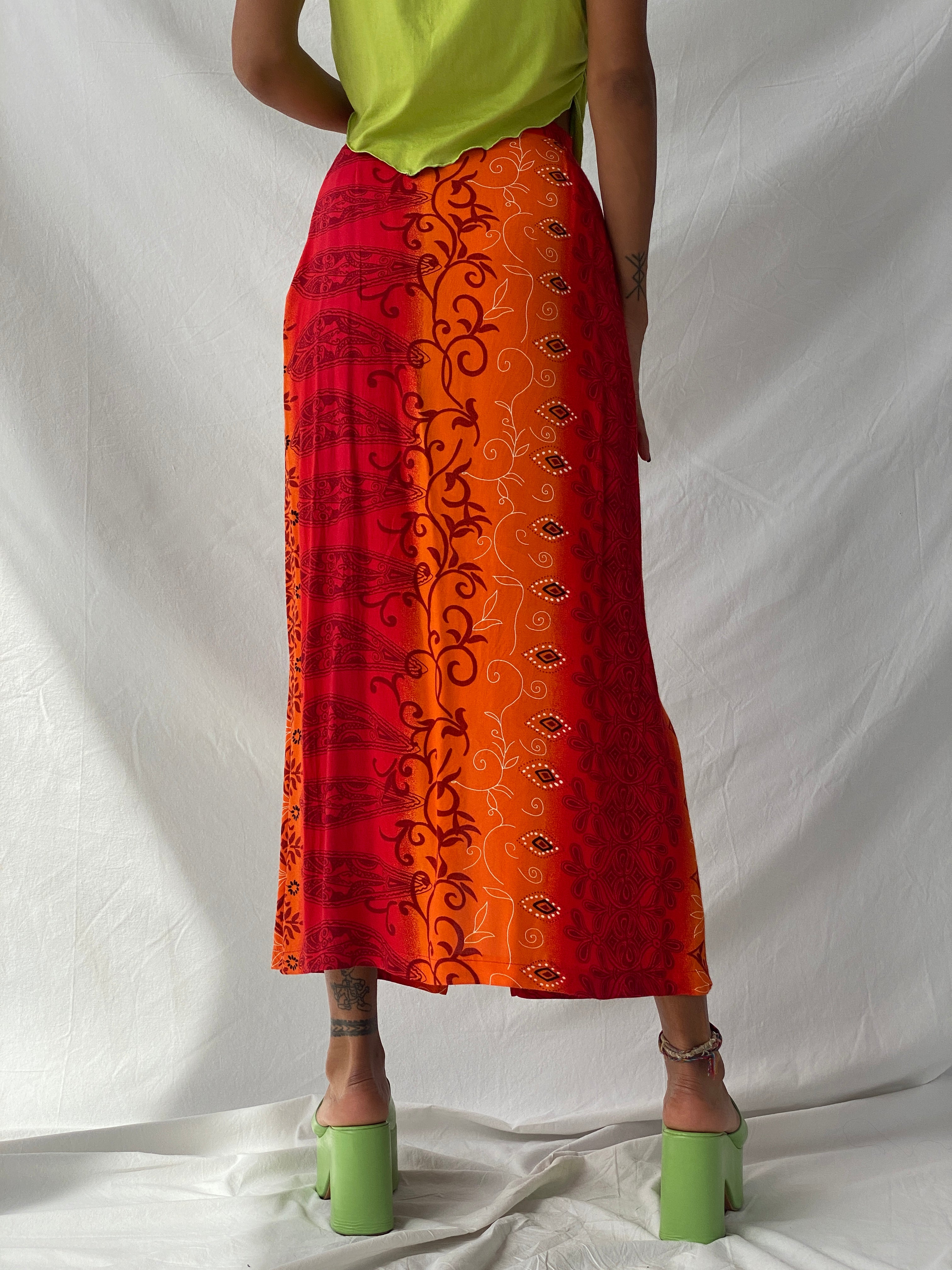 Y2K Wrap Maxi Red & Orange Floral Print Skirt - S