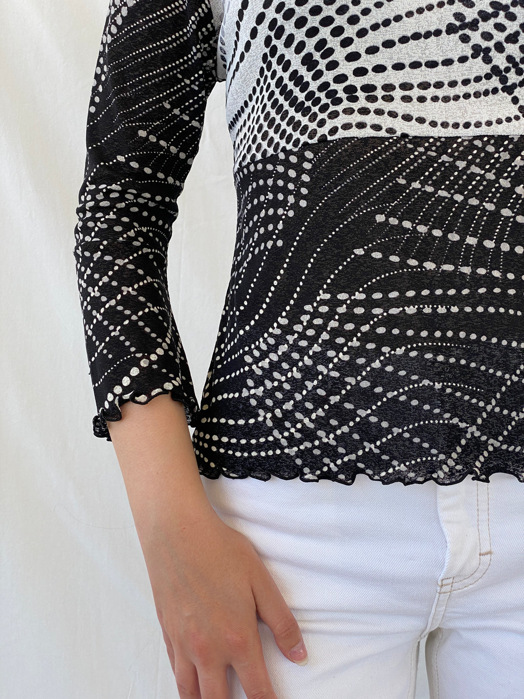 Vintage 90s SOLO Italy Black White Polka Dot Long Sleeve Mesh Top - L