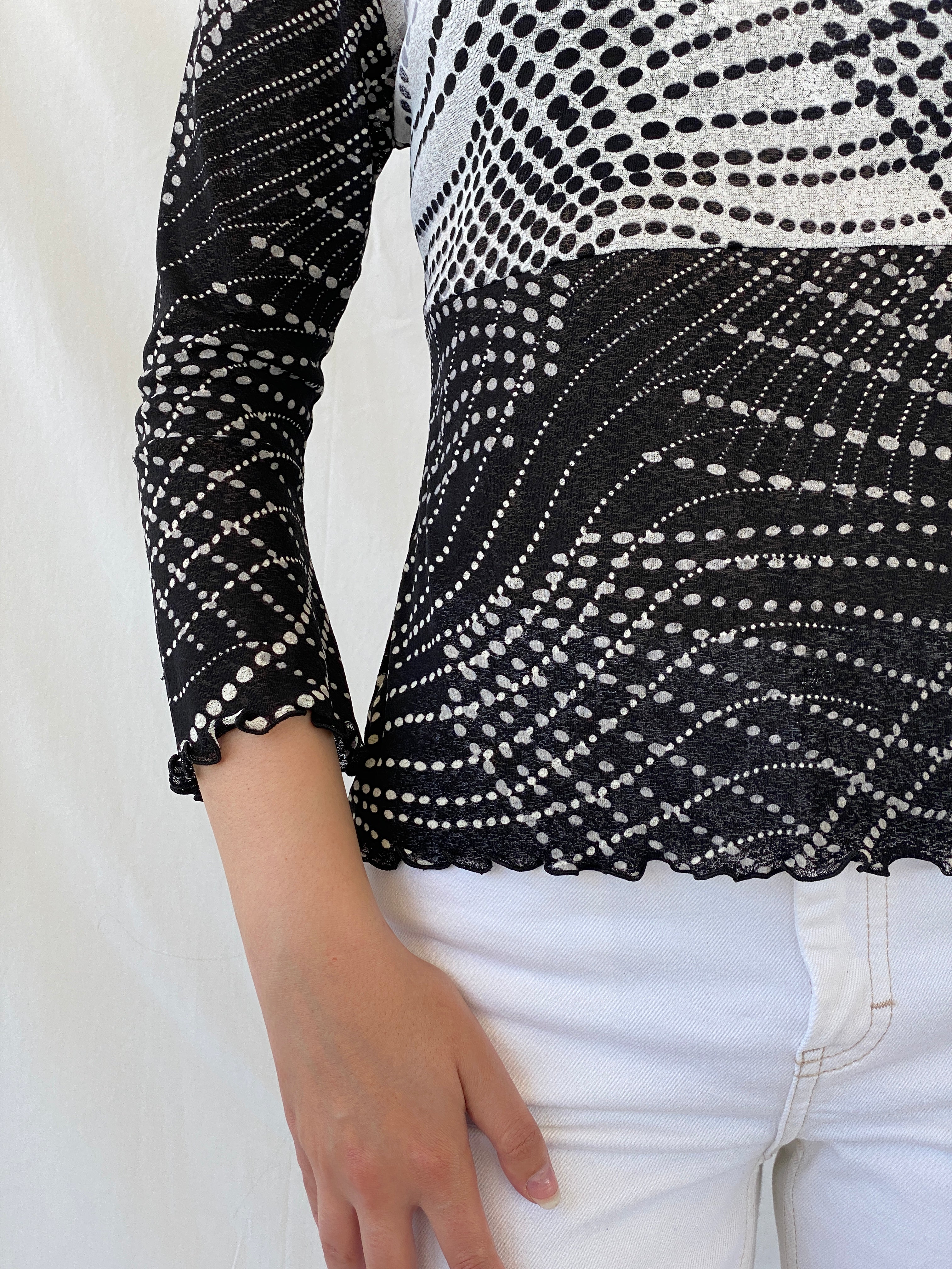 Vintage 90s SOLO Italy Black White Polka Dot Long Sleeve Mesh Top - L