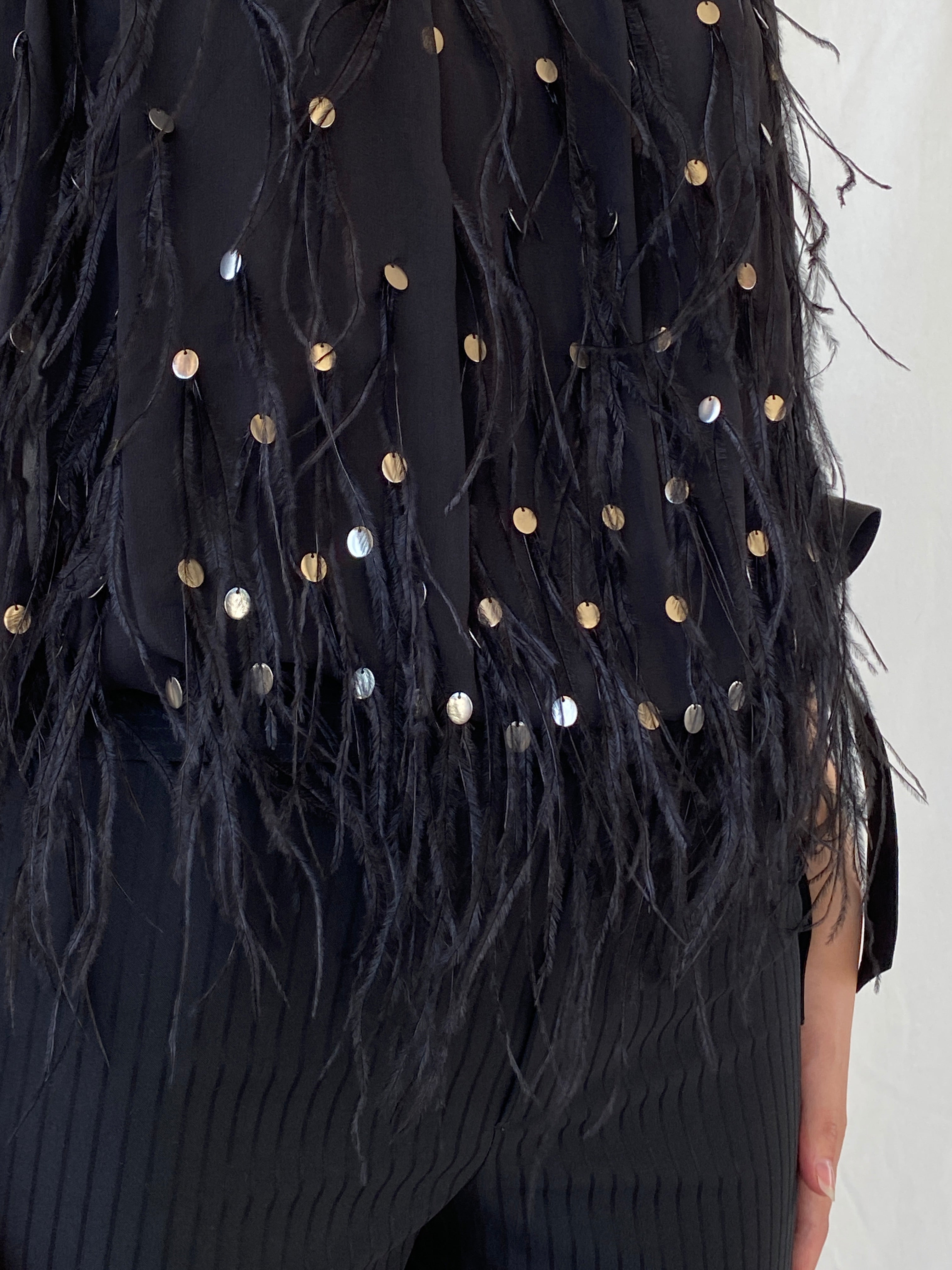 NWT Vintage FÉRAUD Paris Black Silk Feather Sequin Top - M