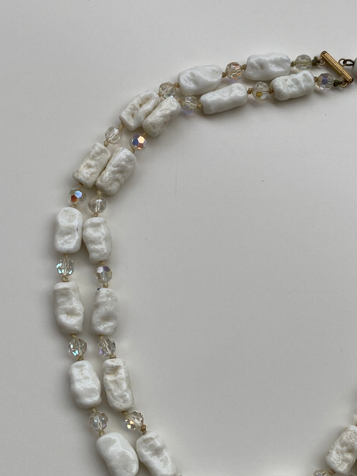 Vintage White Stone & Crystal Beaded Necklace Double Strand Organic Minimalist Jewelry