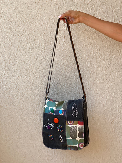 Y2K Cessaci Patchwork Denim Crossbody Bag with Embroidered Details