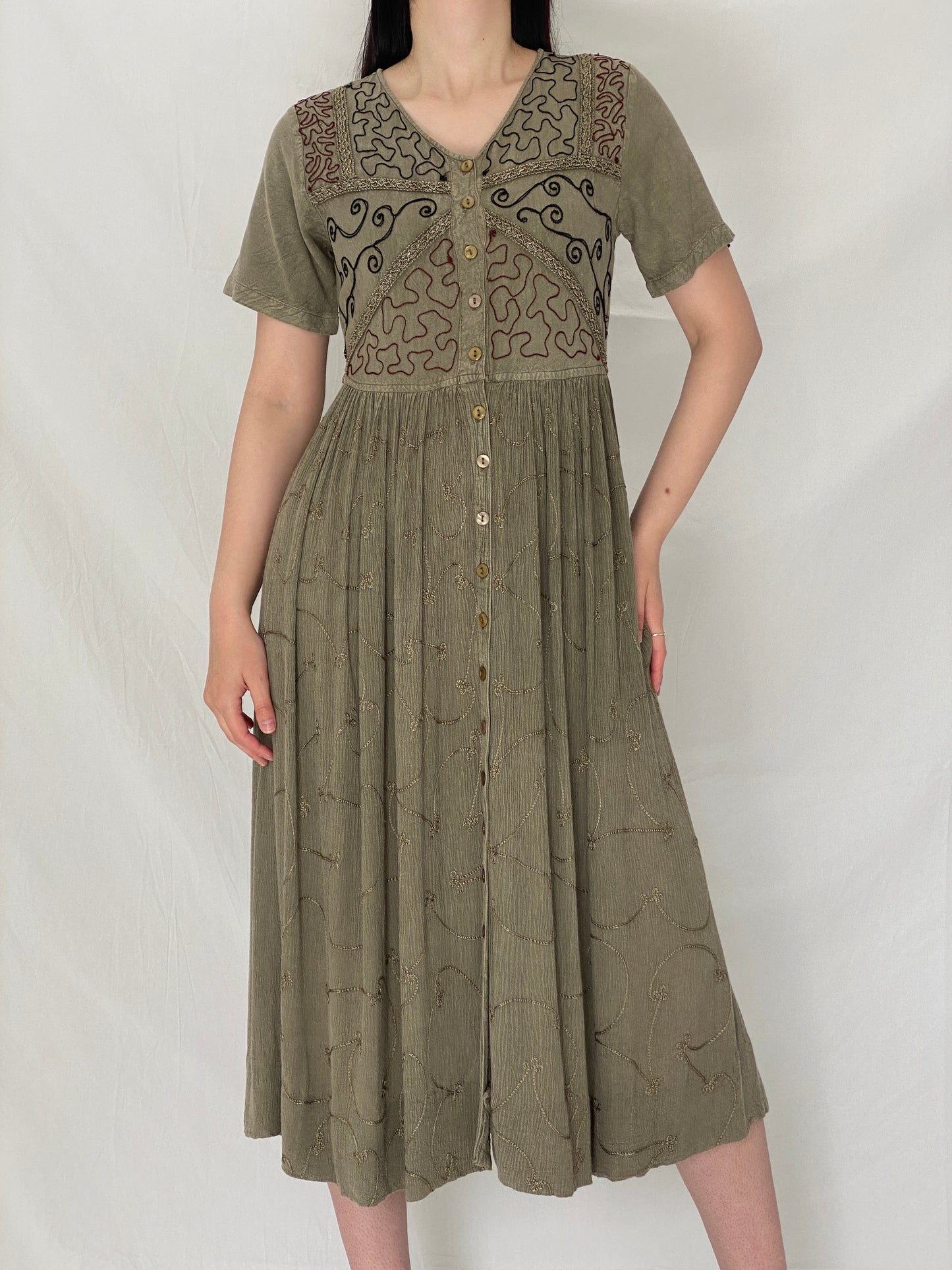 Vintage 90s Olive Embroidered Boho Rayon Blend Button Midi Dress – M