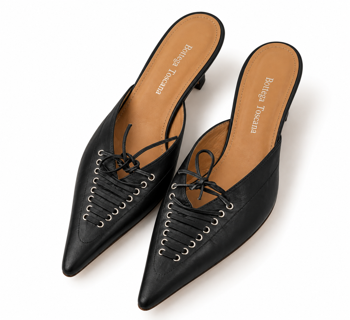Vintage Bottega Toscana Black Leather Lace-Up Pointed Mule Pumps – 38 EU