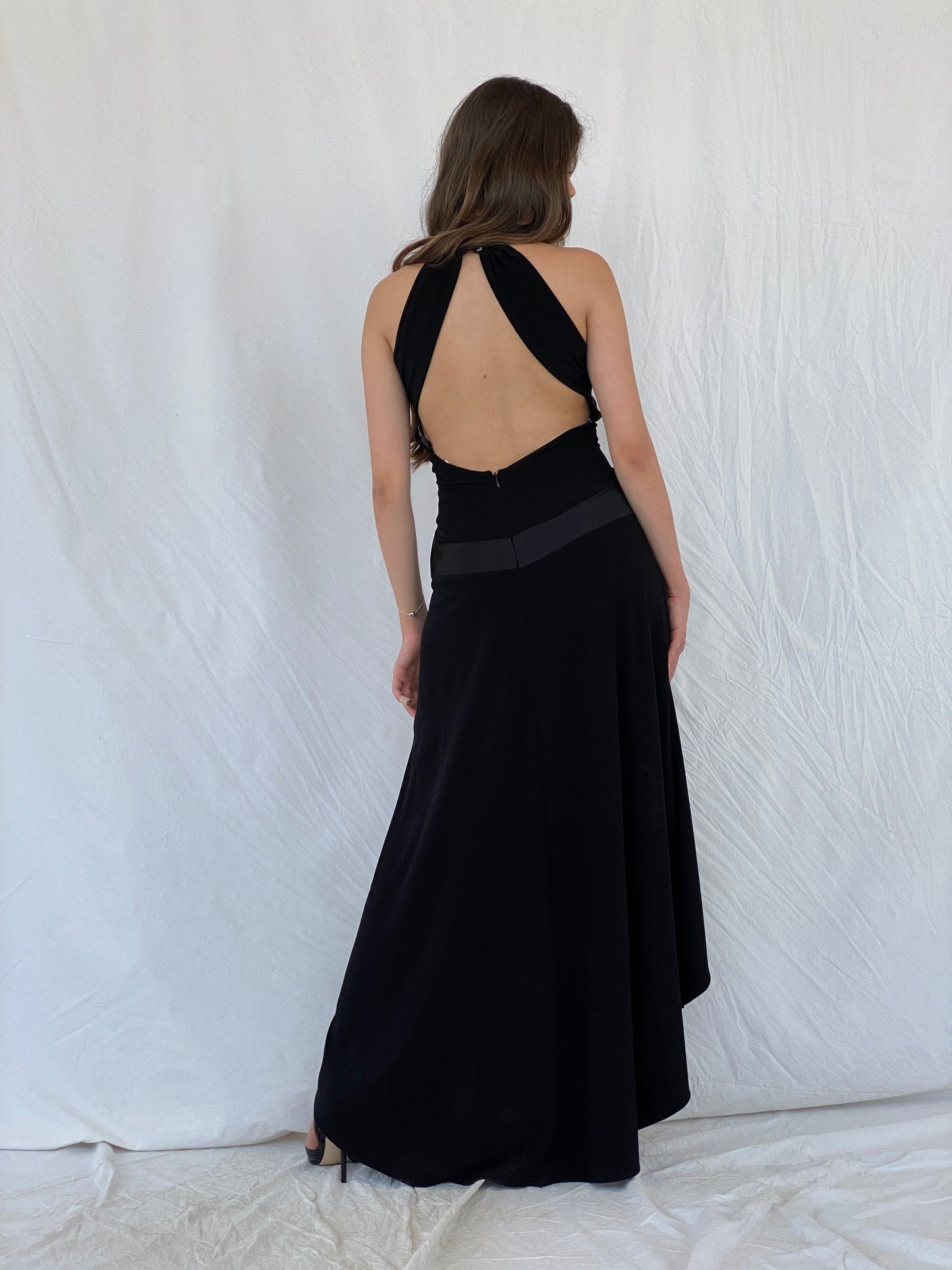 Vintage Morgan & Co Black Backless Evening Dress with Asymmetric Hem GC - M