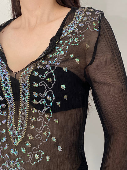 Vintage Venus Black Silk Sheer Sequin Embroidered Blouse – S