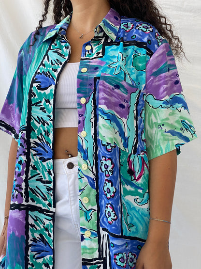 Statement Vintage Handmade Blue and Purple Floral Oversized Shirt - XL