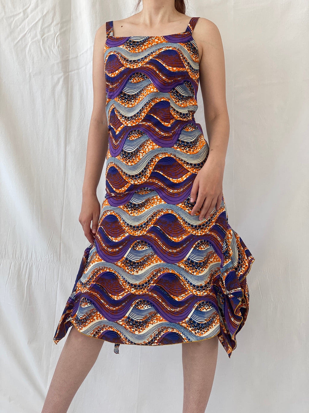 Vintage Handmade Ethnic African Print Purple Orange Midi Sleeveless Dress with Matching Bolero - S