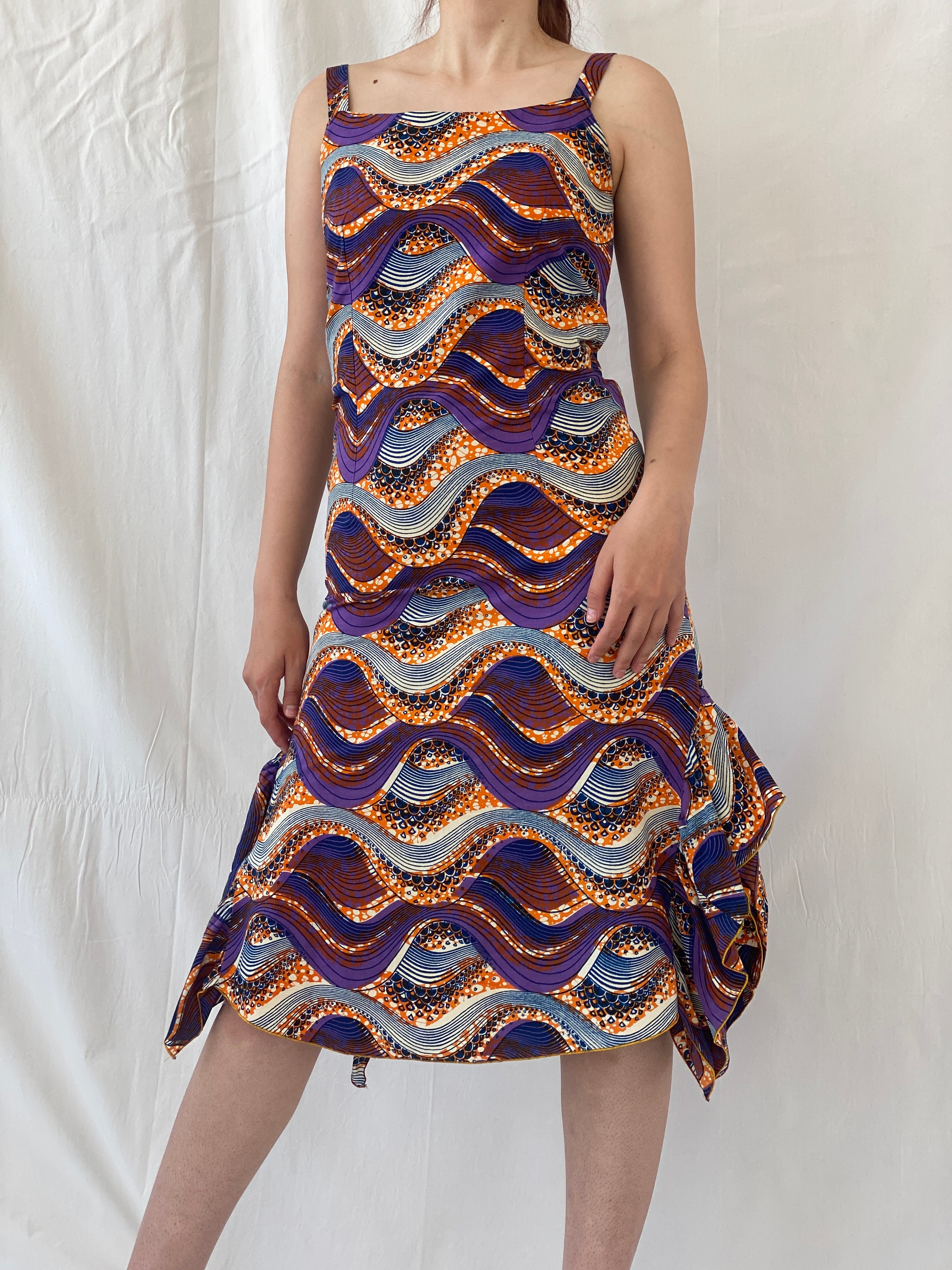 Vintage Handmade Ethnic African Print Purple Orange Midi Sleeveless Dress with Matching Bolero - S