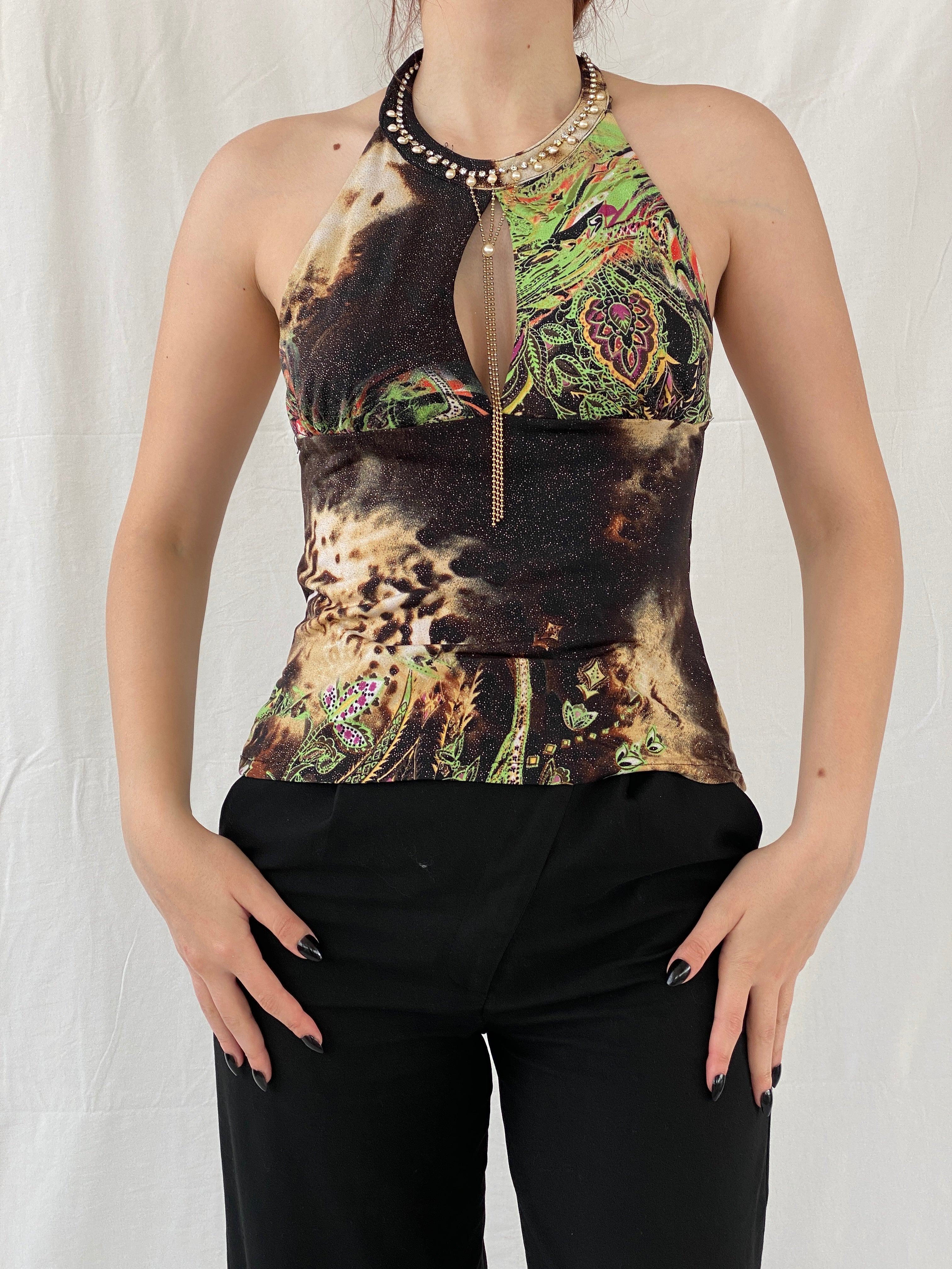 Y2K Zizi Shimmery Paisley Print Embellished Party Halter Top - M
