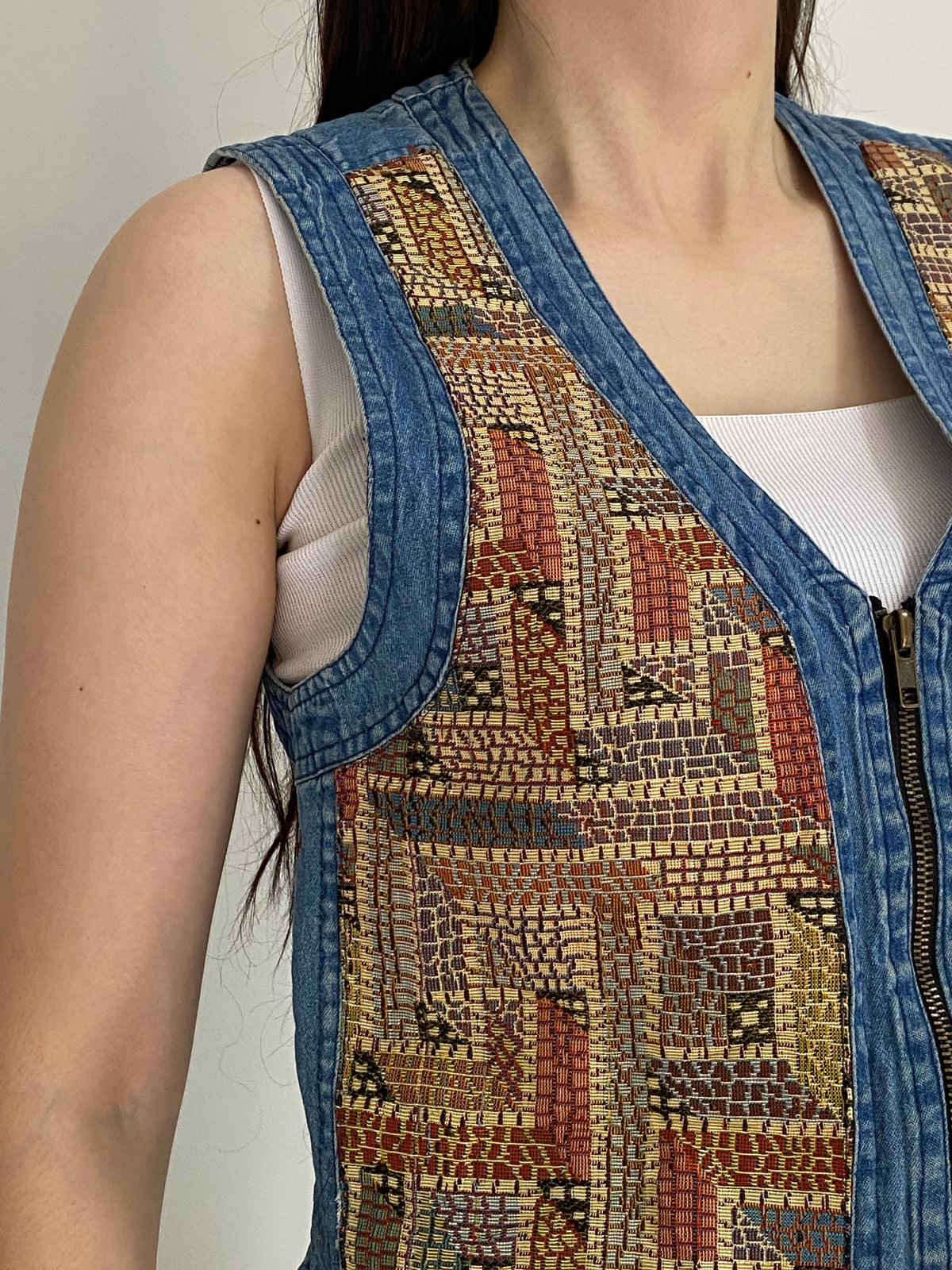 Vintage 90s New Direction Denim & Mosaic Tapestry Zip-Up Vest – M