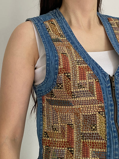 Vintage 90s New Direction Denim & Mosaic Tapestry Zip-Up Vest – M