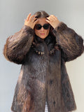 Vintage Real Raccoon Fur Coat Dark Brown Long-Hair Luxury Winter Jacket - L