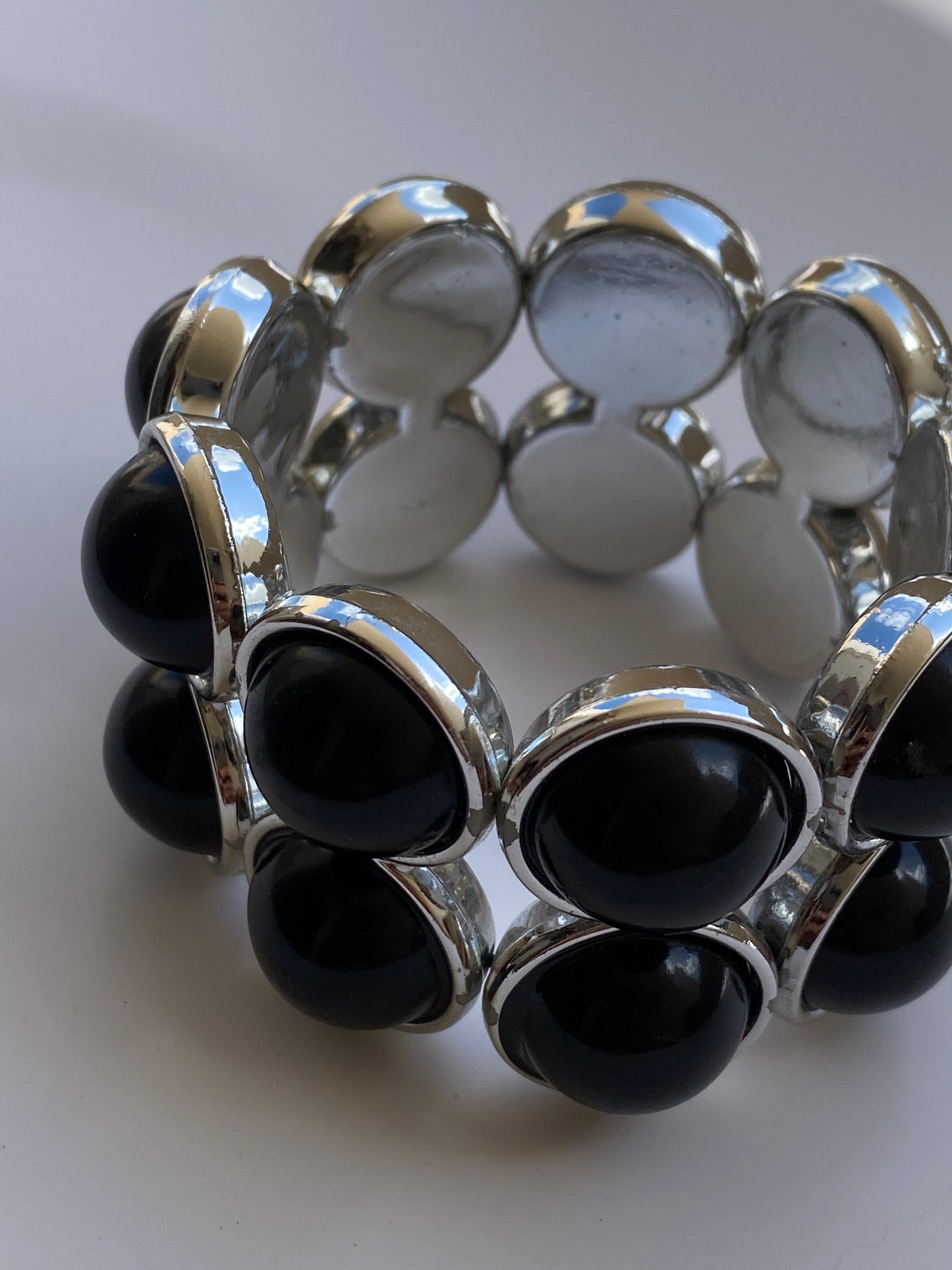 Vintage Black Cabochon Silver Tone Elastic Cuff Bracelet