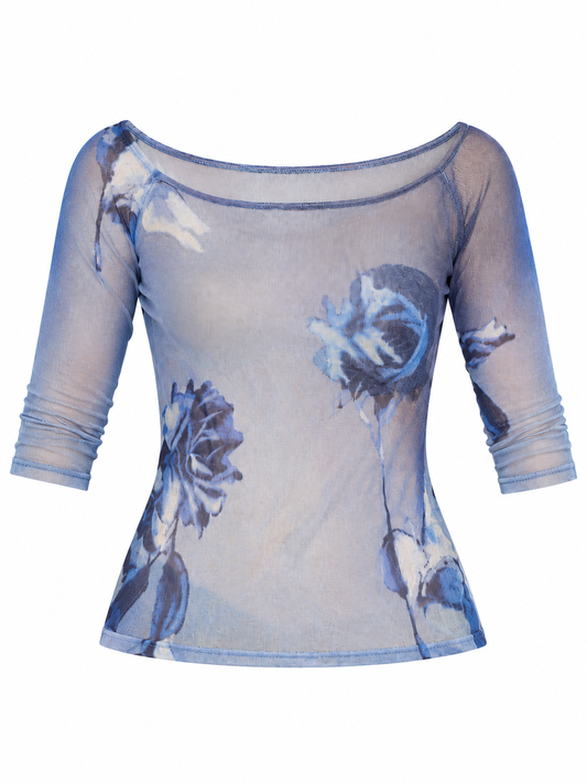 Vintage Y2K Angelo Marani Blue Sheer Floral Mesh Top - S