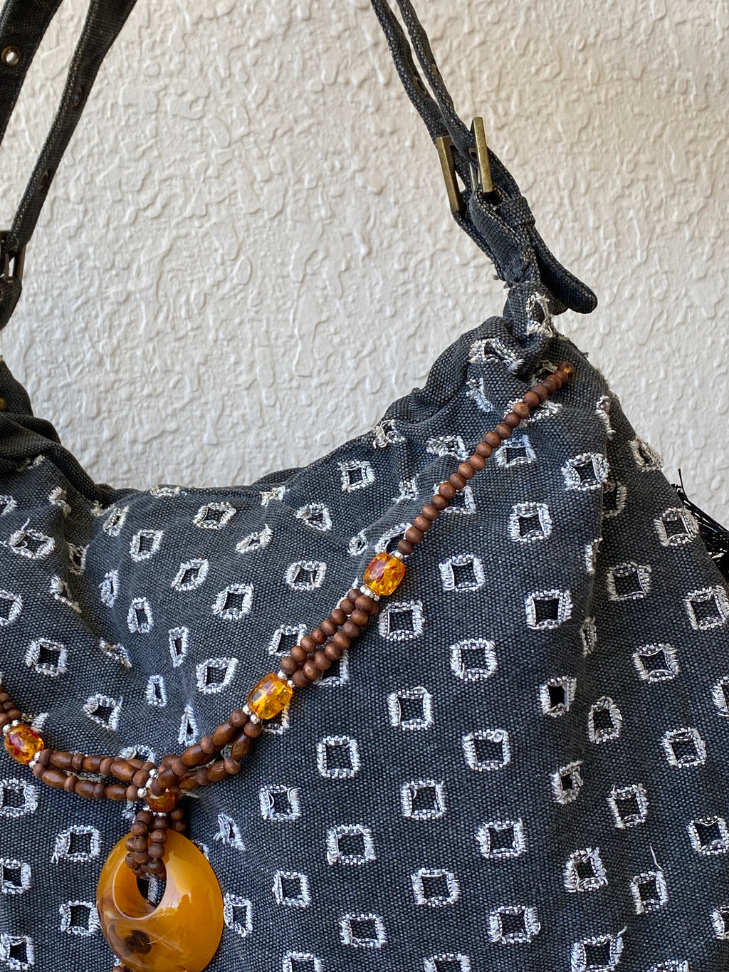 Y2K Gray Boho Hobo Denim Shoulder Bag With Side Fringes