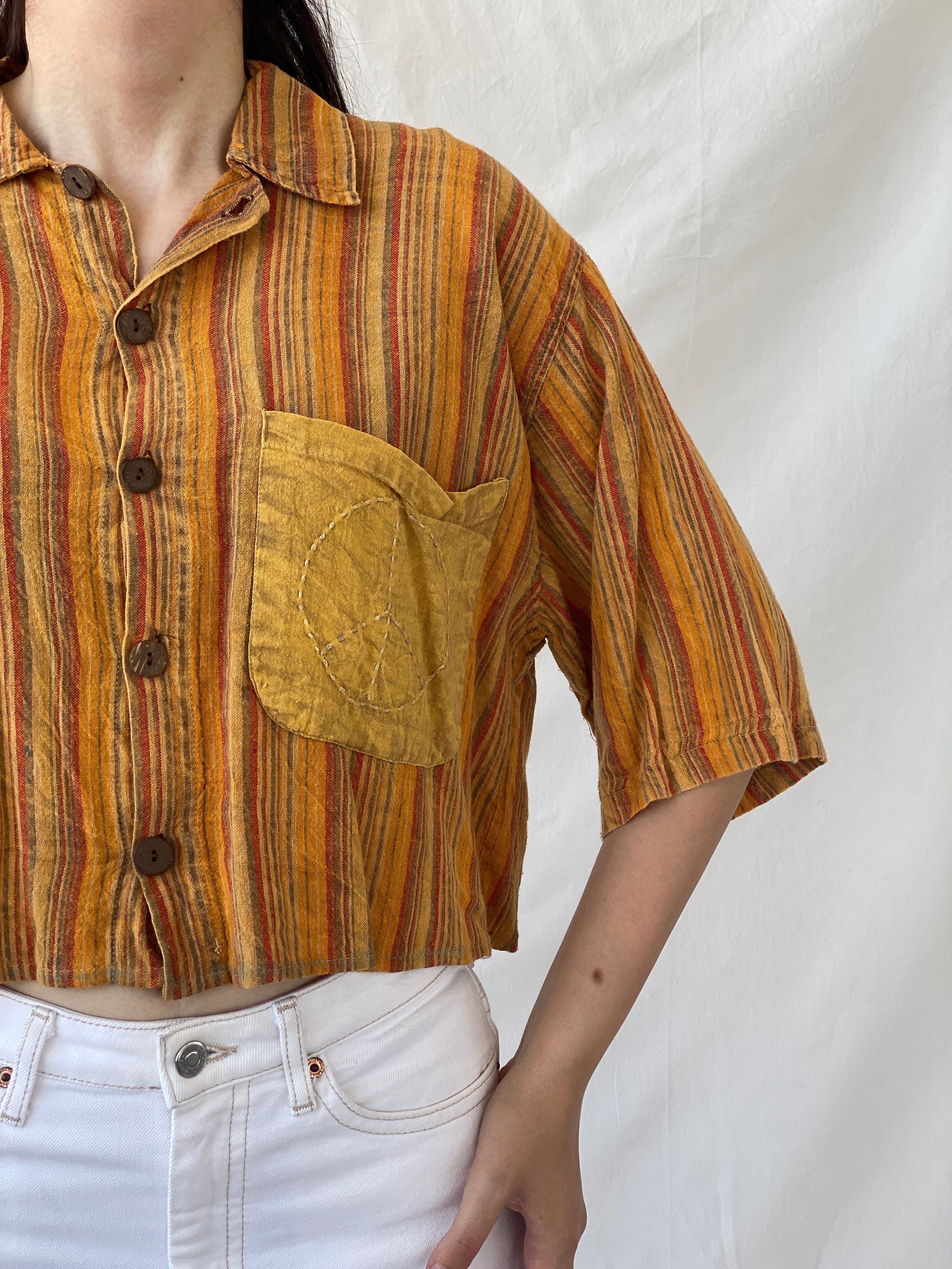 Vintage Kathmandu Imports Orange Striped Cropped Short Sleeve Shirt - M