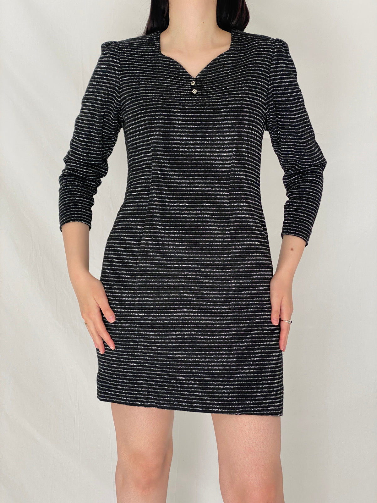 Vintage 90s Black Silver Striped Shimmer Mini Textured Evening Dress - M Vintage 90s Black Silver Striped Shimmer Mini Textured Evening Dress - M