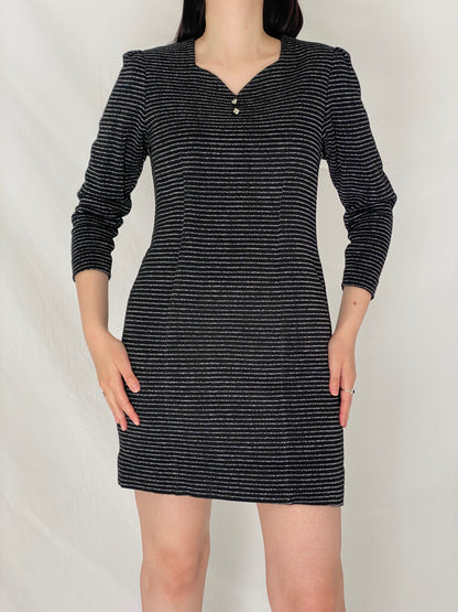 Vintage 90s Black Silver Striped Shimmer Mini Textured Evening Dress - M