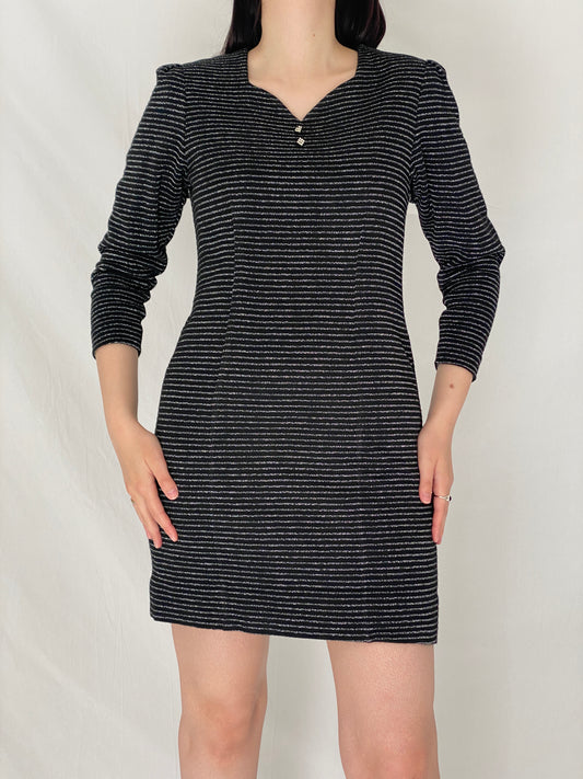 Vintage 90s Black Silver Striped Shimmer Mini Textured Evening Dress - M