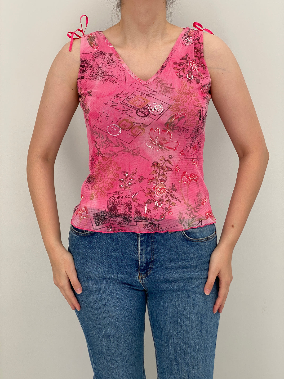 Y2K Pink Floral Mesh Graphic Tie Shoulder Top – S