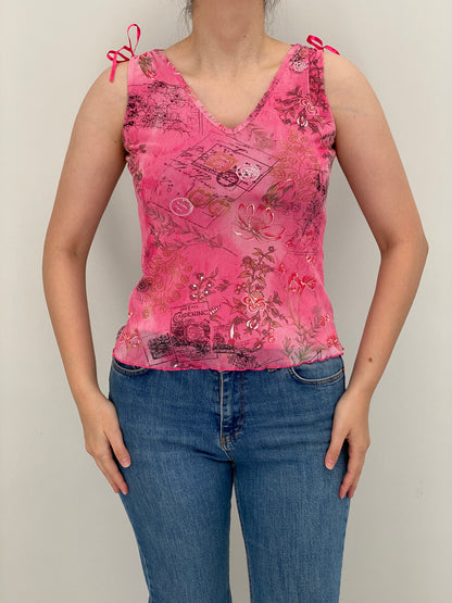 Y2K Pink Floral Mesh Graphic Tie Shoulder Top – S