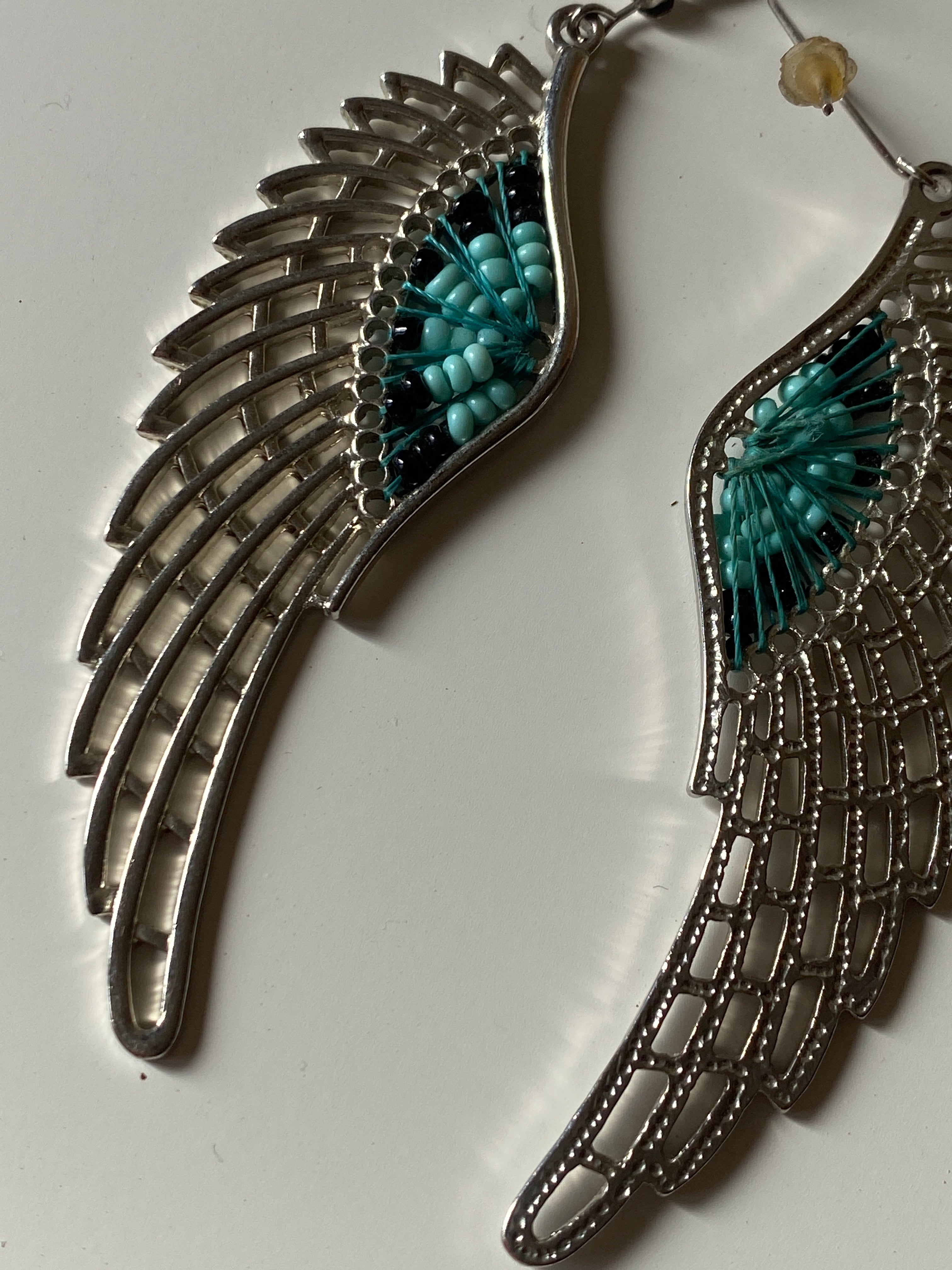 Vintage Silver Tone Angel Wing Turquoise Bead Inlay Boho Dangle Earrings