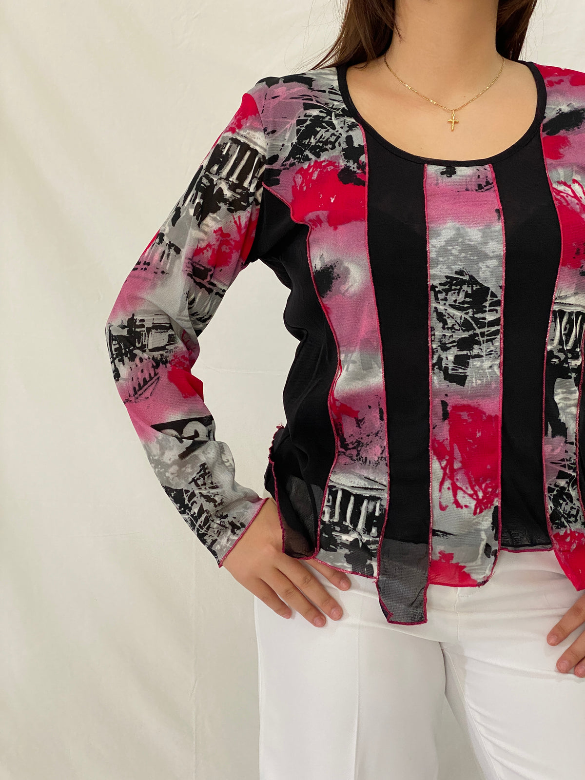 Vintage WARWICK JONES Black & Pink Striped Graphic Mesh Top - L Vintage WARWICK JONES Black & Pink Striped Graphic Mesh Top - L