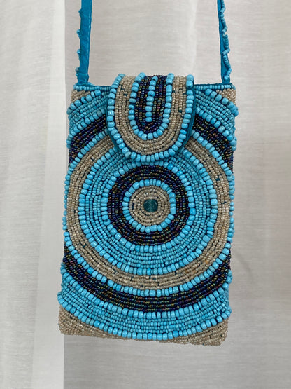 Blue Beaded Crossbody Bag Phone Holder