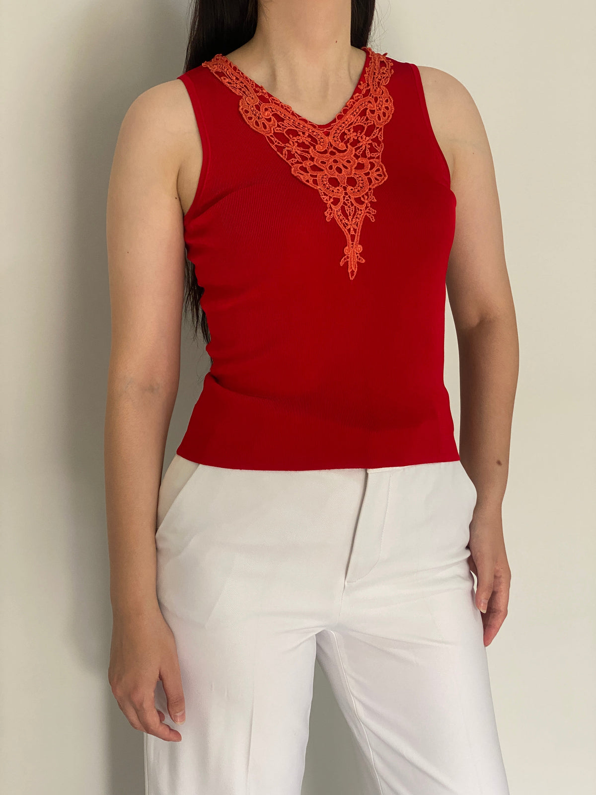 Y2K 2Xtremz Red Sleeveless Top with Orange Lace Embroidery – M