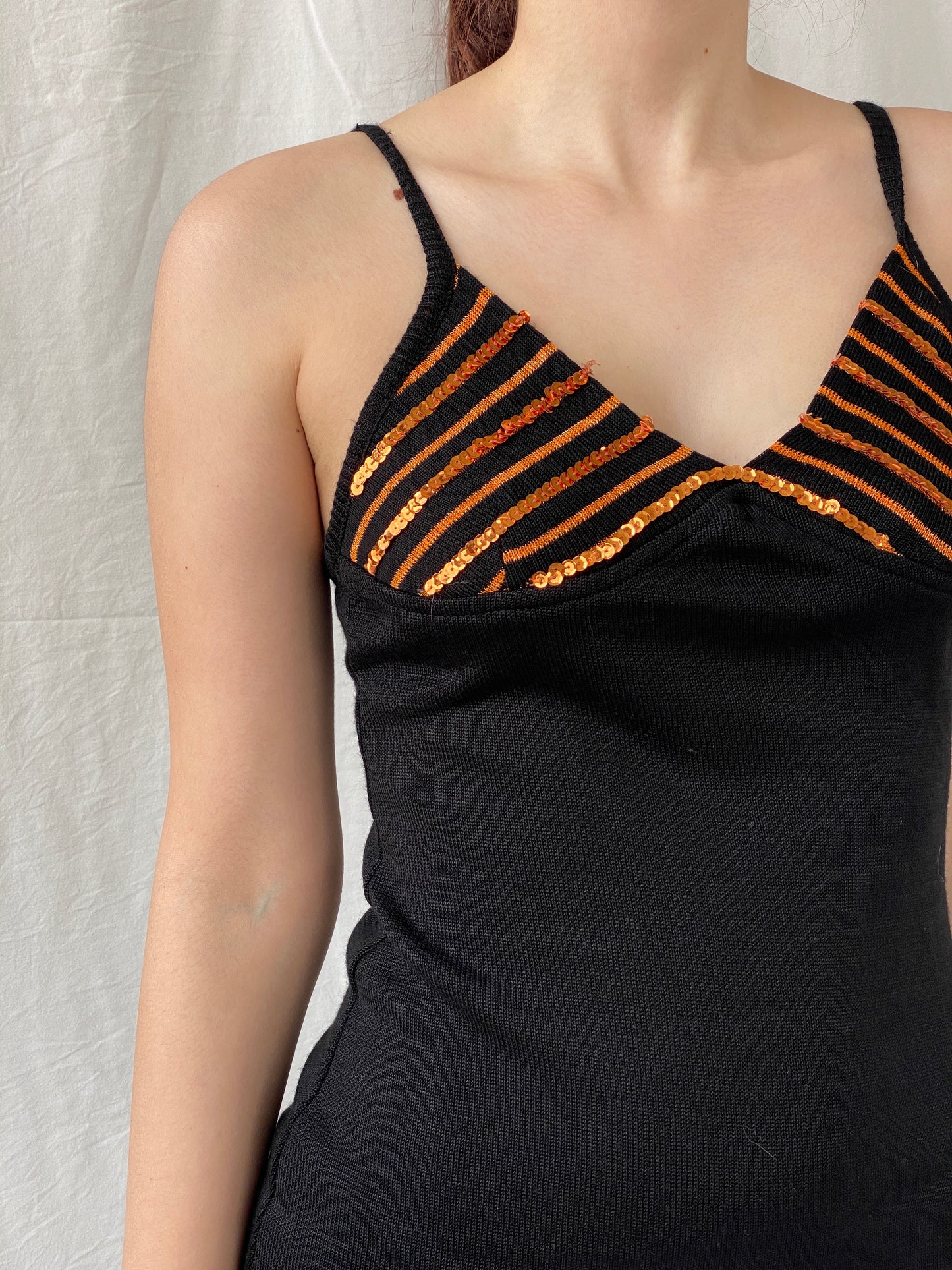 Y2K Cocobis Black Knitted Orange Sequin Spaghetti Strap Fitted Slip Midi Dress - M