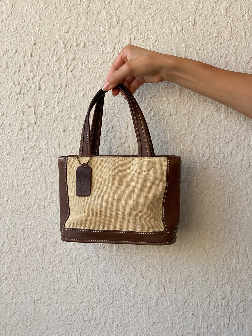 Rare Vintage Coach B9C-6120 Tan Canvas & Brown Leather Small Tote Handbag 90s Mini Satchel Purse