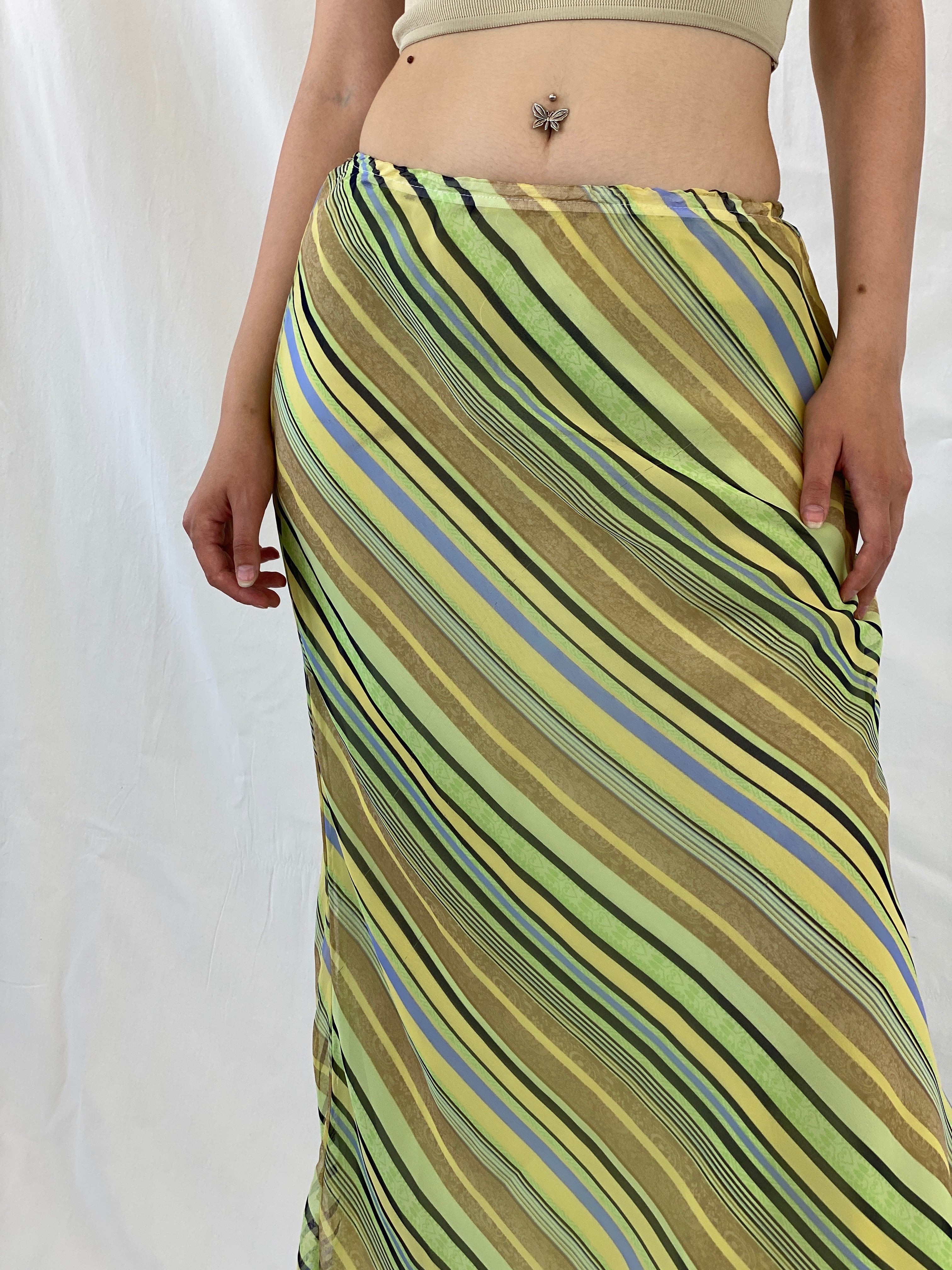 Vintage 90s Giorgio Fiorlini Striped Green Butter Yellow Maxi Skirt - S