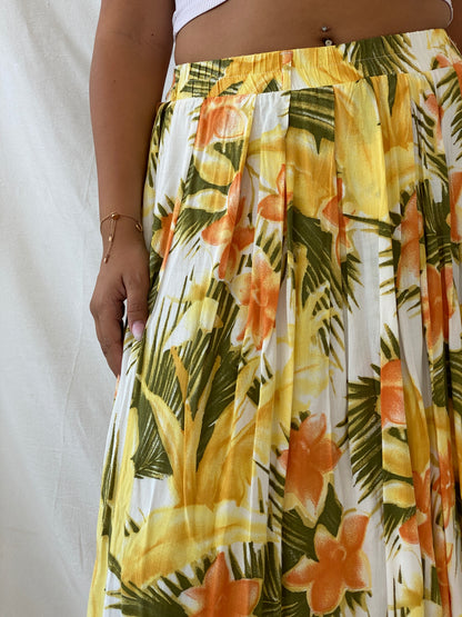 Vintage Orange & Yellow Tropical Print Midi Skirt - L