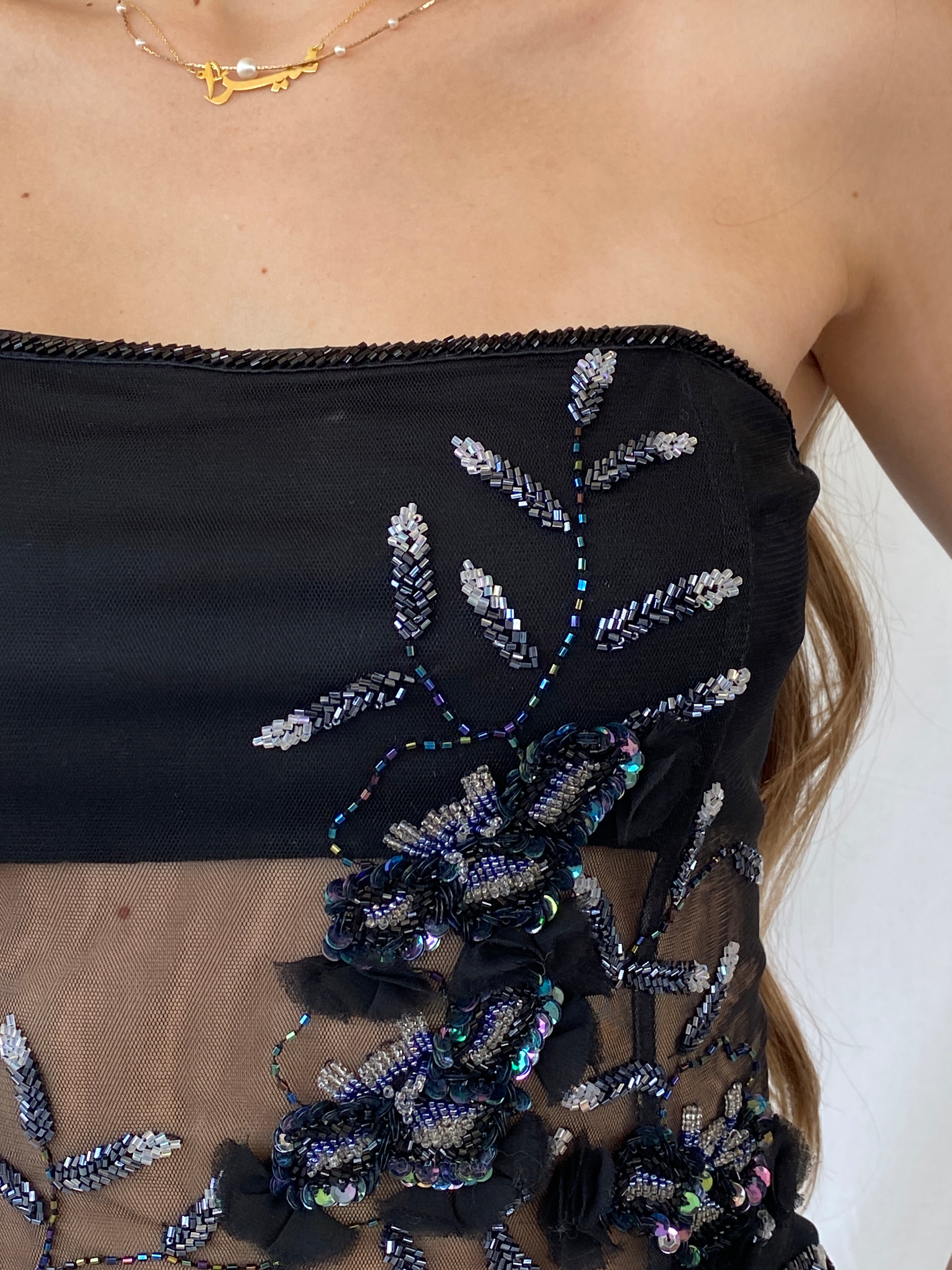 كورسيه أسود شفاف شبه مزين بالخرز من التسعينيات - مقاس صغير