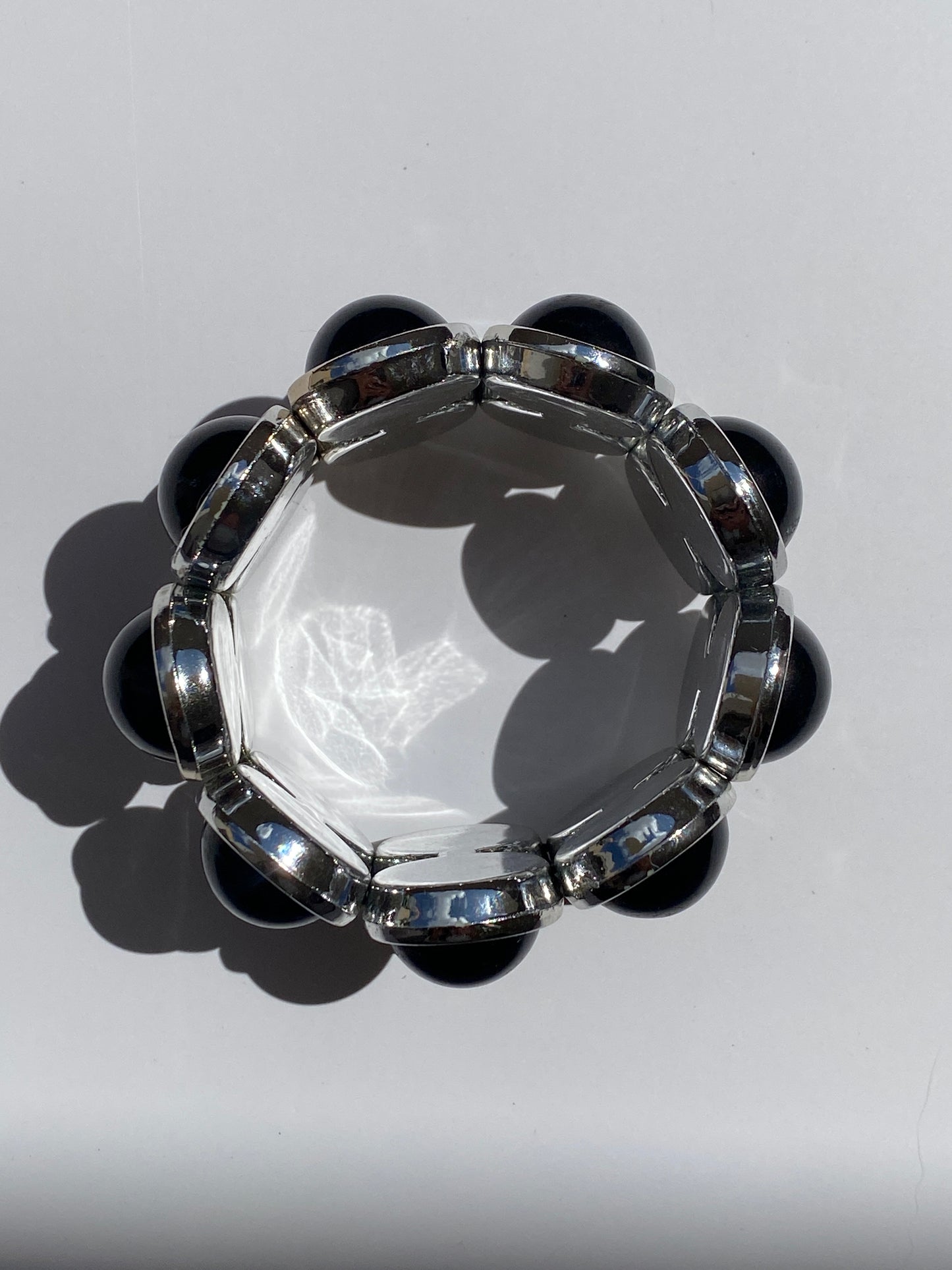 Vintage Black Cabochon Silver Tone Elastic Cuff Bracelet