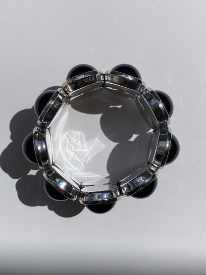 Vintage Black Cabochon Silver Tone Elastic Cuff Bracelet