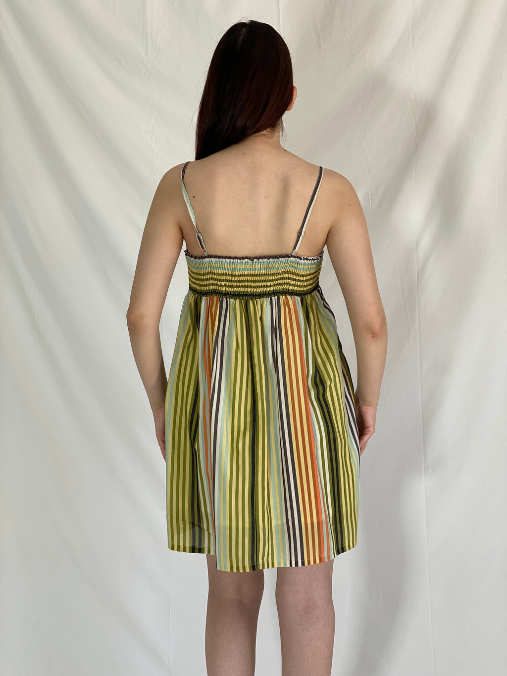 Y2K Valleygirl Striped Sundress Cotton Green Orange Pockets Dress - L