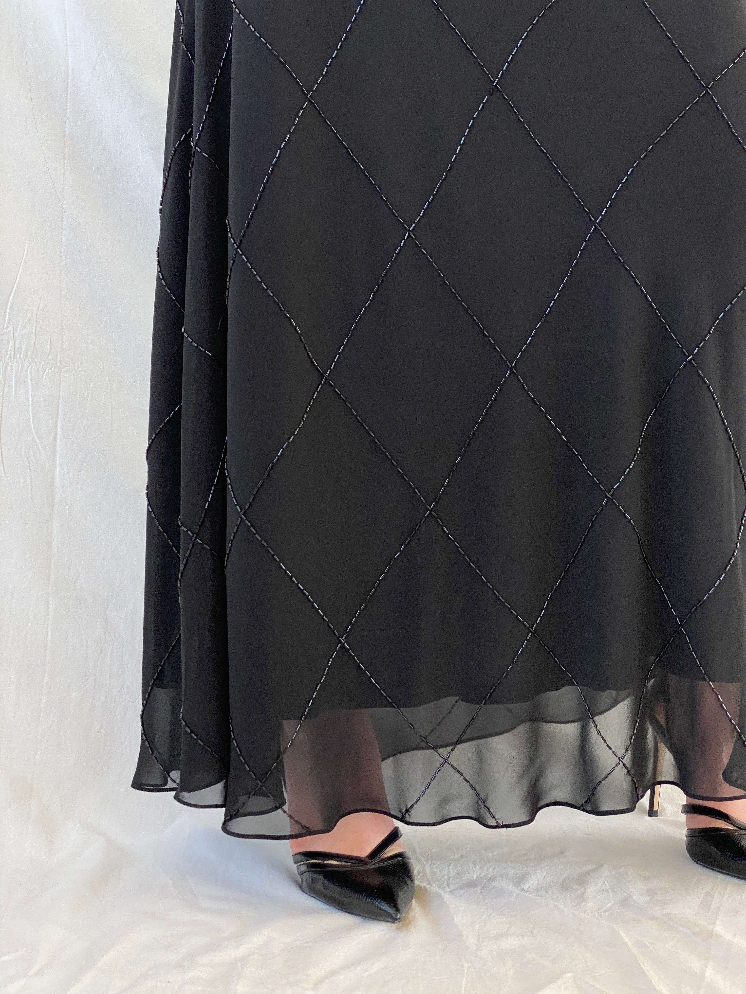 Vintage Jones New York Black Beaded Evening Gown 90s Formal Slip Dress - M