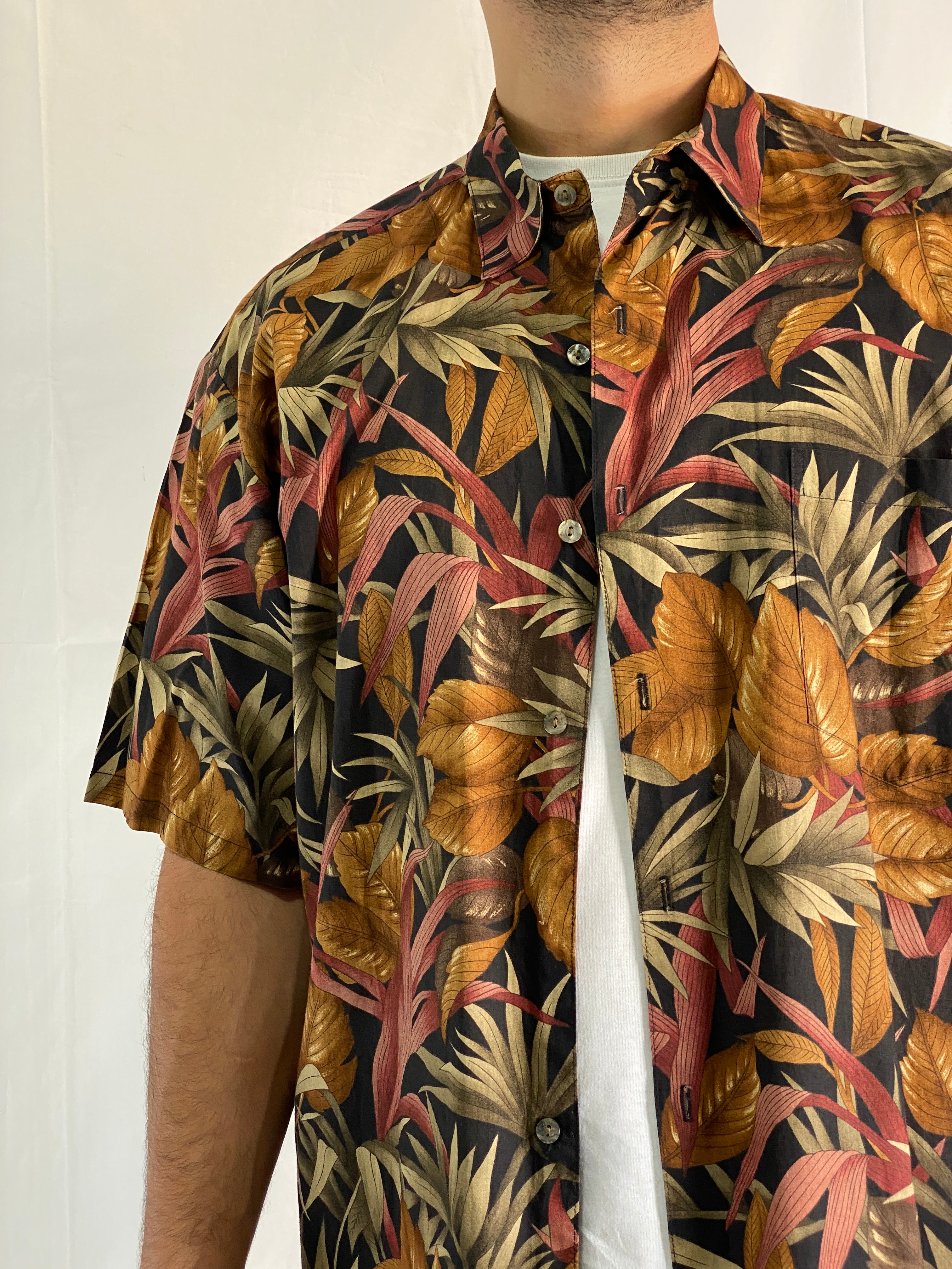 Vintage Tori Richard Cotton Lawn Hawaiian Tropical Leaf Print Men’s Shirt - 2XL