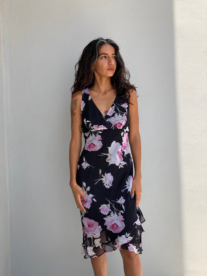Vintage Alyn Paige Black Pink Floral Chiffon Sleeveless Midi Dress – S