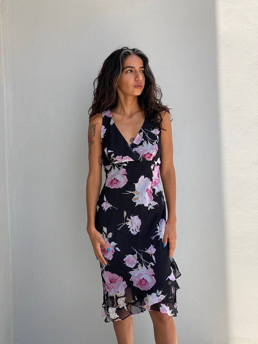 Vintage Alyn Paige Black Pink Floral Chiffon Sleeveless Midi Dress – S