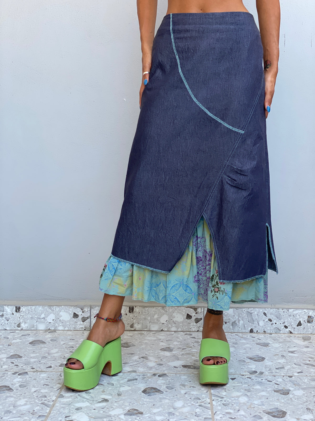 Vintage Y2K Renato Bene Paris Chambray Overlay Floral Midi Skirt Asymmetrical Layered Boho Skirt - S Vintage Y2K Renato Bene Paris Chambray Overlay Floral Midi Skirt Asymmetrical Layered Boho Skirt - S