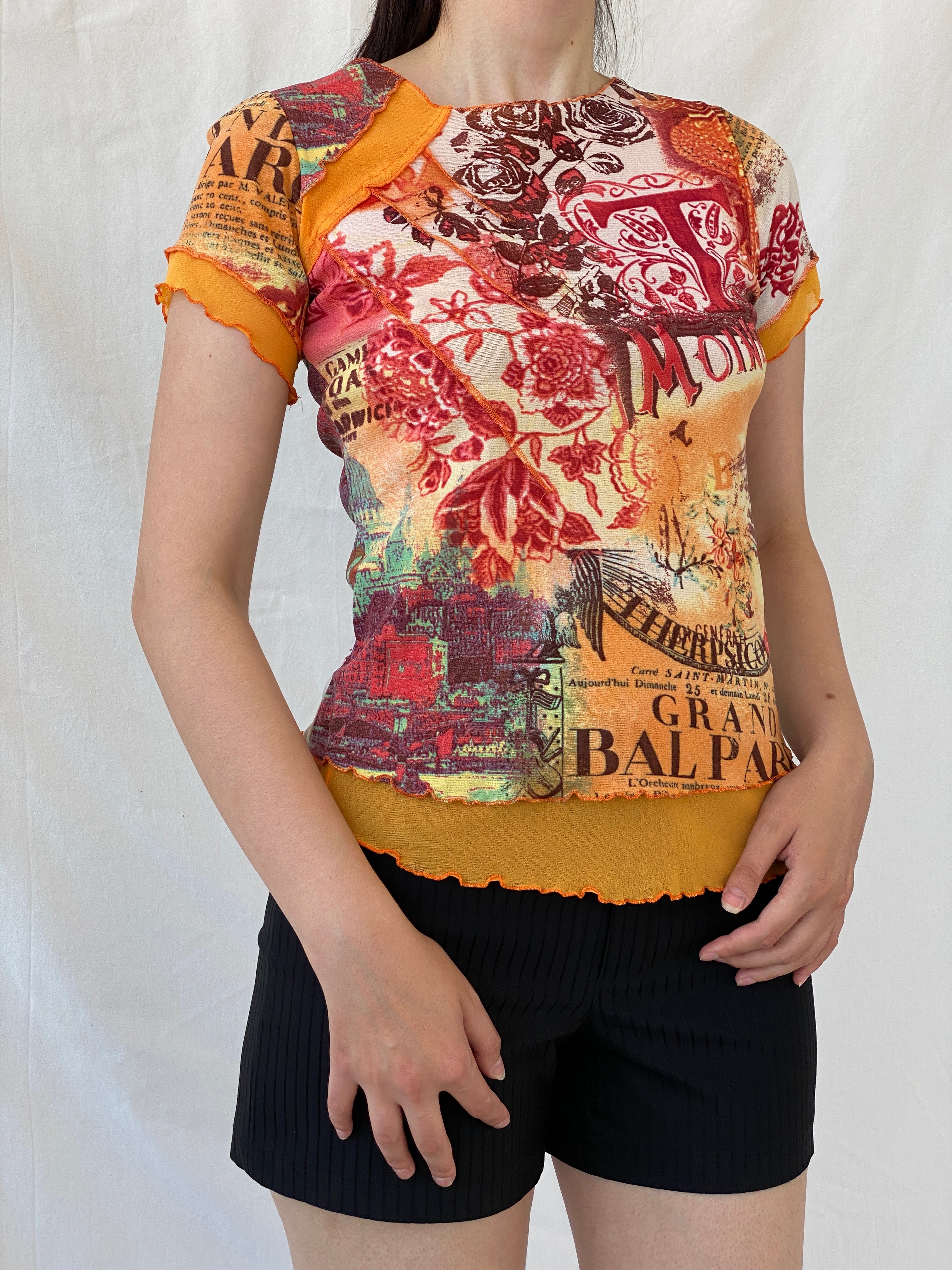 Vintage Fozmul Mesh Graphic Red Orange Short Sleeve Top - M