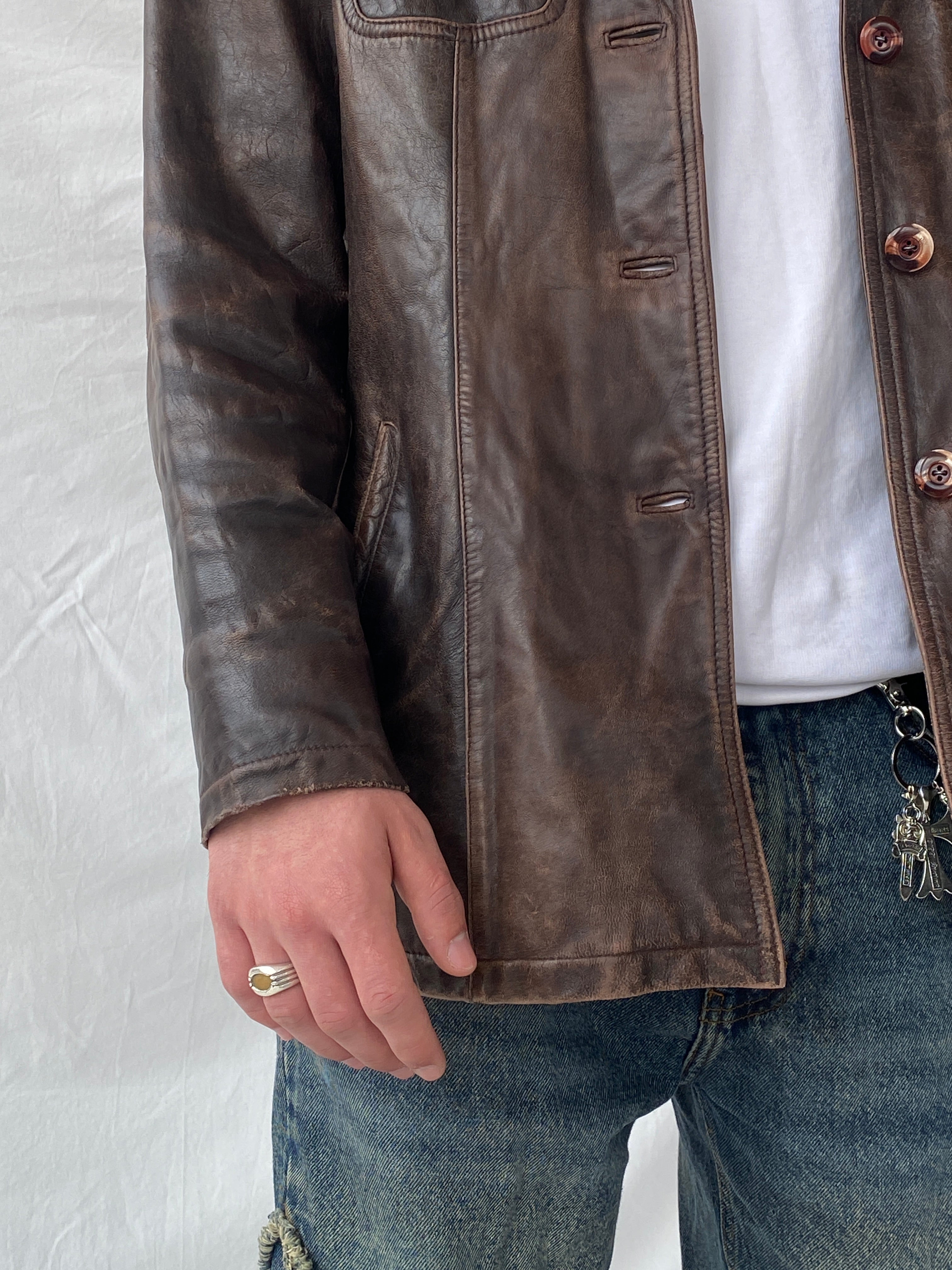 Vintage Saki Leather Brown Genuine Leather Buttoned Blazer Coat - M