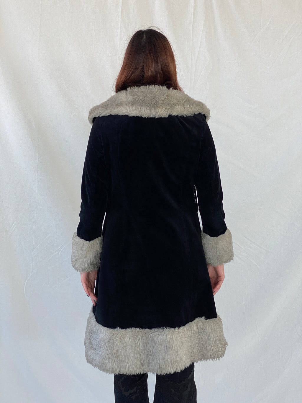 Vintage 90s Wild Rose Penny Lane Black Faux Grey Fur Afghan Style Coat - M