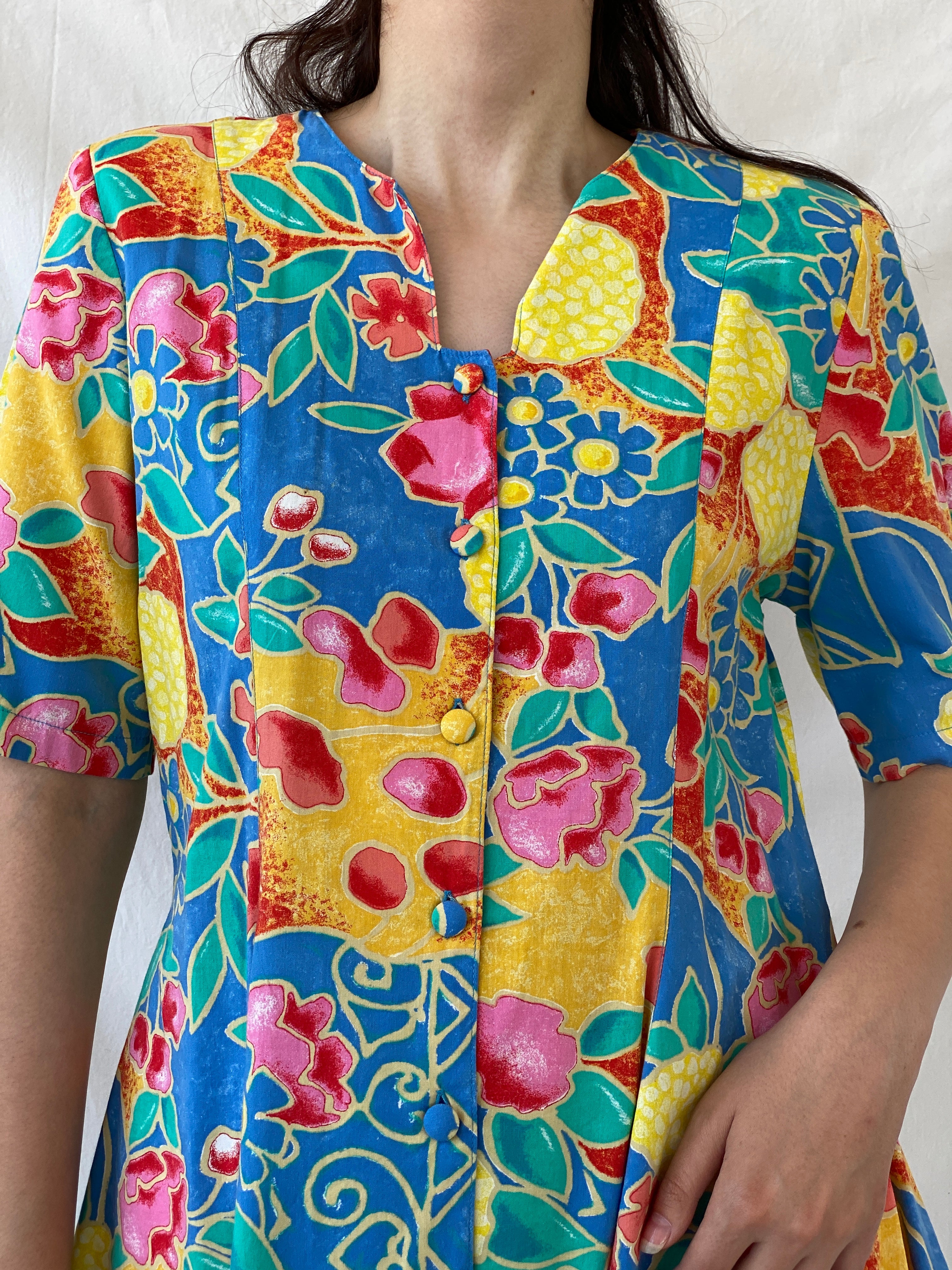 Statement Vintage Bella Donna Yellow Blue Colorful Floral Short Sleeve Women’s Shirt - L