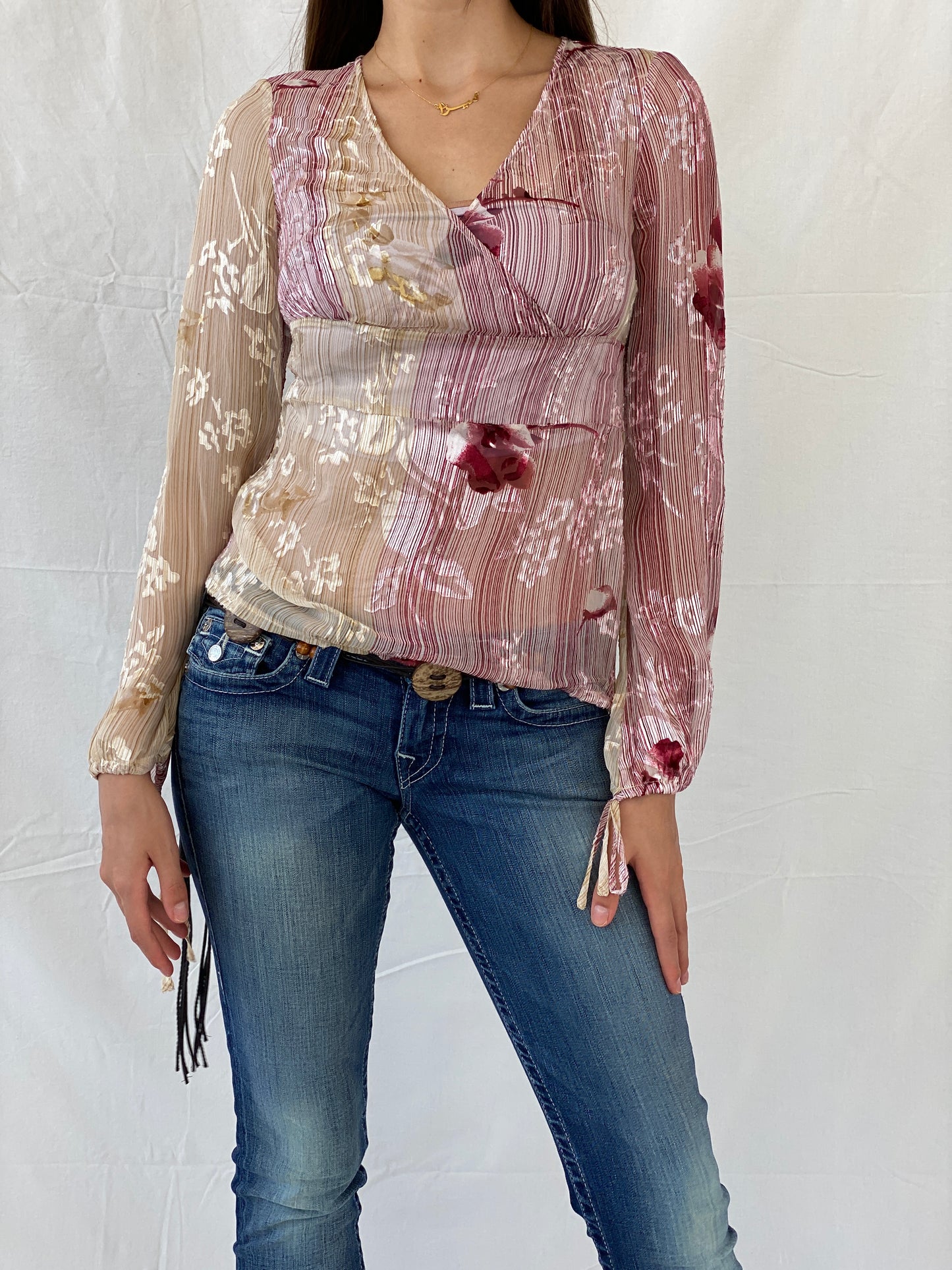 Beautiful Basque Chiffon Floral Pink Sheer Striped Blouse - M