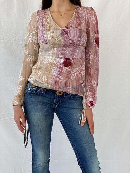 Beautiful Basque Chiffon Floral Pink Sheer Striped Blouse - M